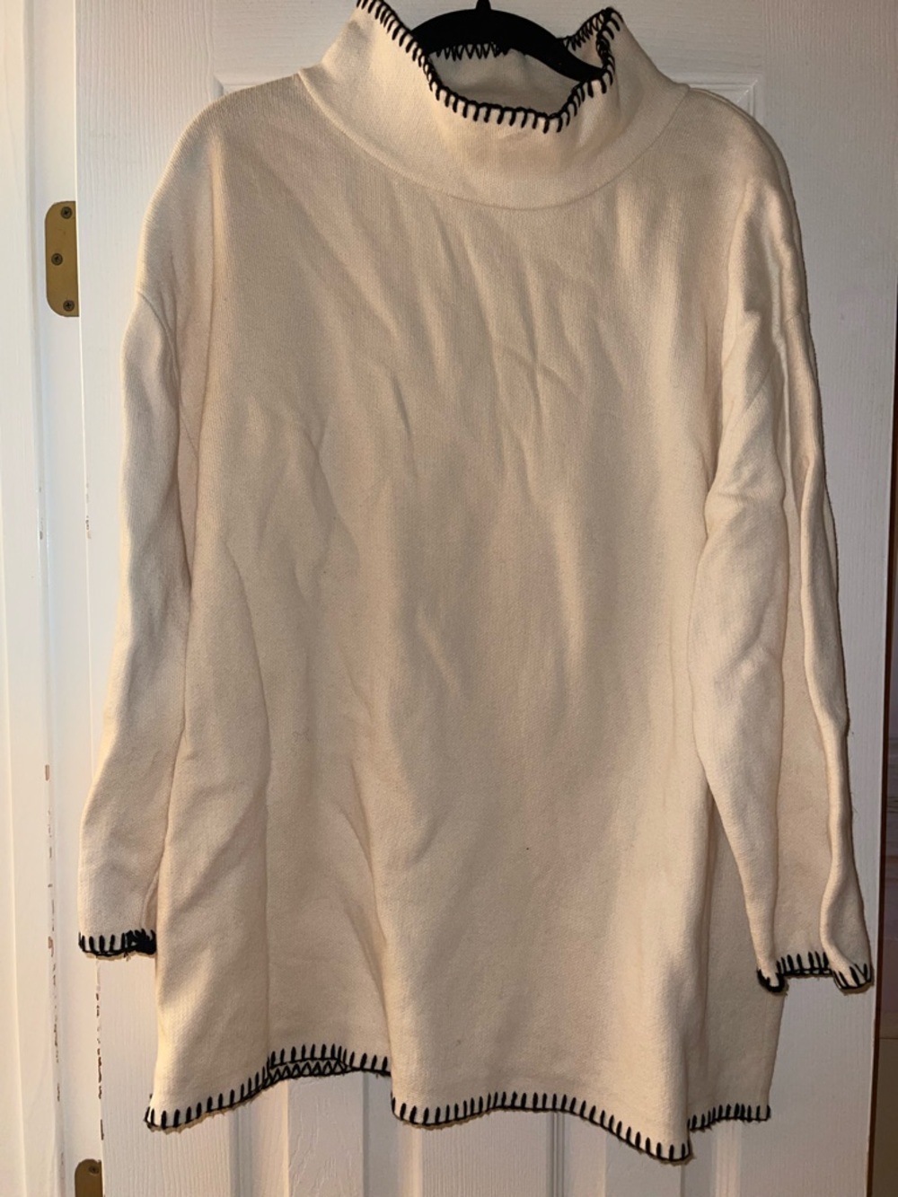 Multiples Cream Turtleneck Sweater with Black Whipstitch Trim